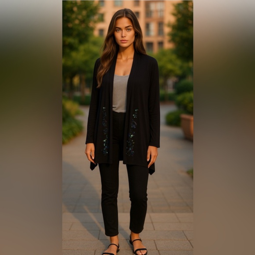 Joseph A. Qu’est-ce que c’est silk?open cardi, blk,floral sequin bead embroidery